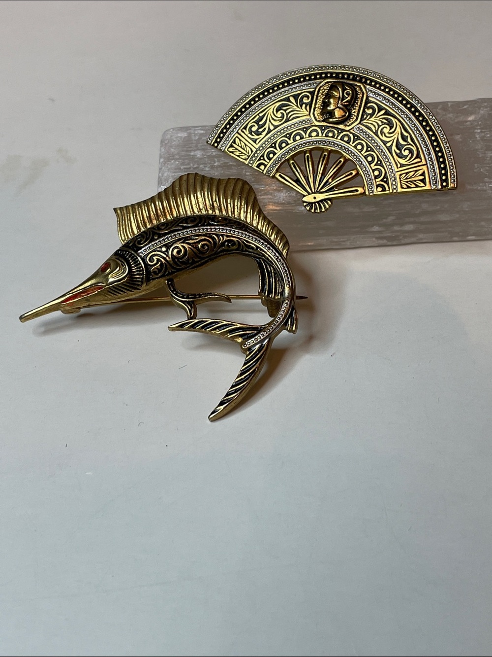 Vintage Two Damascene Brooches from Spain Swordfish & Fan
